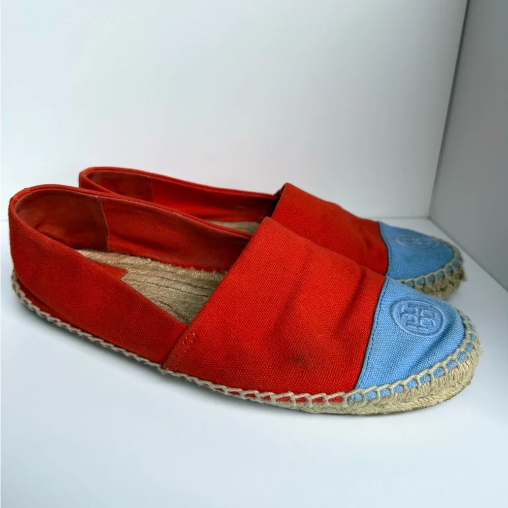 Tory Burch Colorblock Canvas Espadrilles Red Blue Flats Size 9 Logo Cap‎ Toe